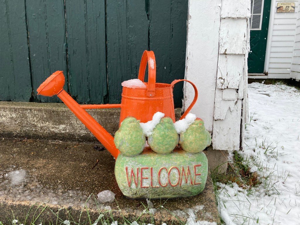 watering can for flowers and vegetables sits behind a stone sculpture of 3 birds, with a "welcome" sign, covered with sone