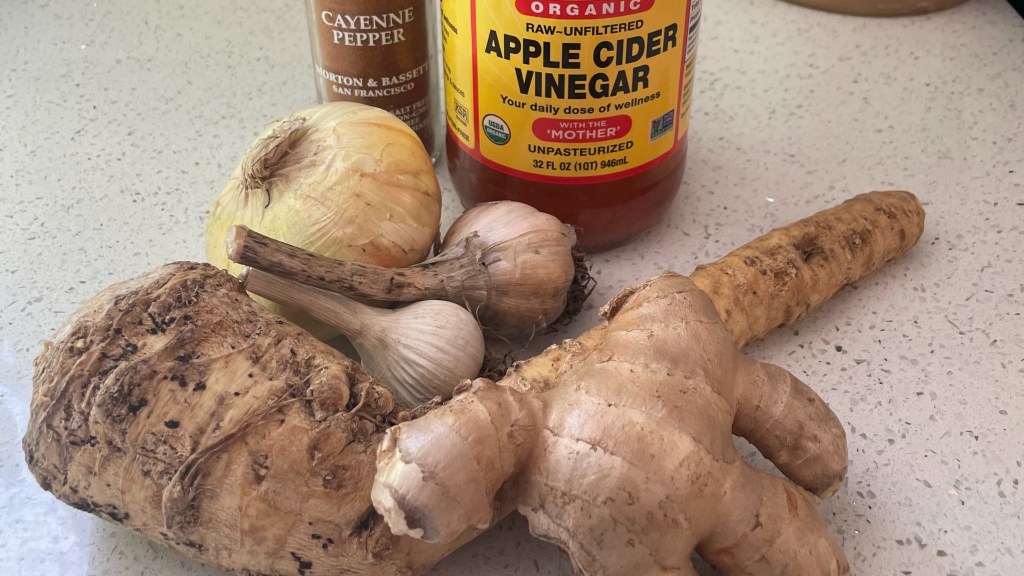 apple cider vinegar with onion, garlic, ginger, horseradish and cayenne
